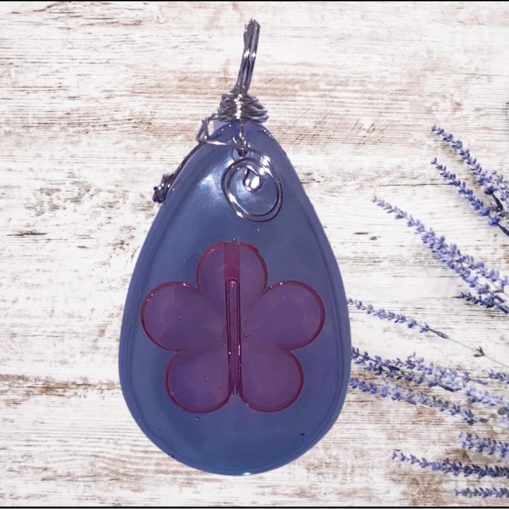 Silver Handwrapped Blue and Pink Flower Wearable Resin Art